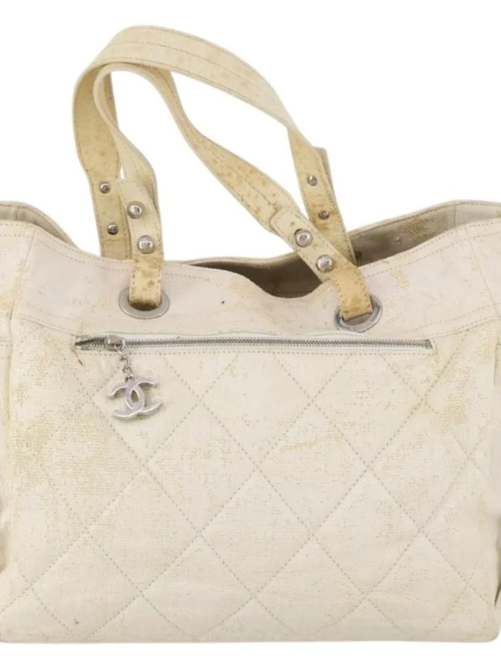 CHANEL Paris Biarritz GM Hand Bag Canvas White Silver CC Auth 185503
